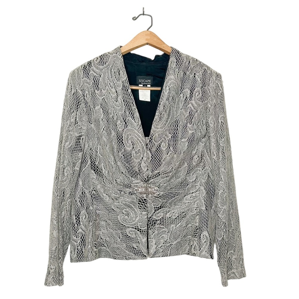 Xscape By Joanna Chen Silver Metallic‎ Lace Formal Coverup Blazer Jacket 16